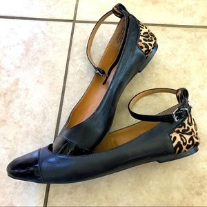 Black Leather/Calf Hair Leopard Adjustable Flats